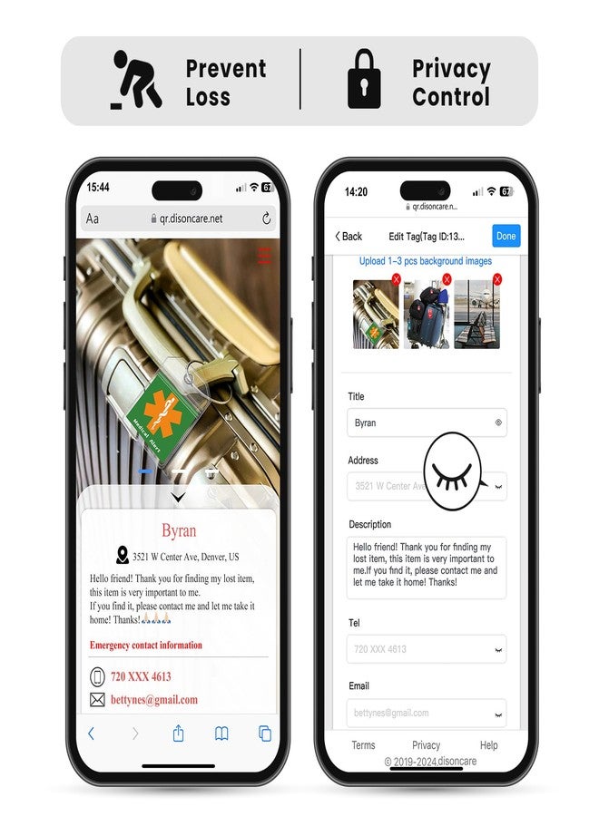 DISONCARE بطاقات تعريف الأمتعة للمعدات الطبية من ديسونكير، مناسبة لرحلات السفن السياحية، تحتوي على الأنسولين ومستلزمات مرضى السكري، مع بطاقات تنبيه طبية قابلة للاستبدال، وبطاقة داخلية، وهدايا لمرضى السكري، مزودة برمز الاستجابة السريعة لحفظ الملف الطبي عبر الإنترنت - عبوة من 6 قطع (صغيرة) - Image 5